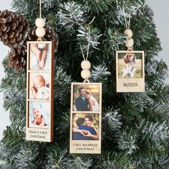 Moldura de decoração de Natal para fotos, ornamento personalizado de madeira com texto para fotos 2024 1-4