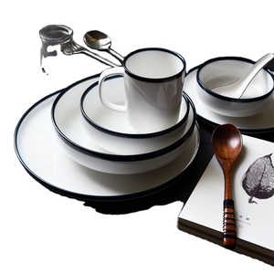 Nordic Porcelain <strong>Dinner</strong> <strong>Sets</strong> White Ceramic Dinnerware <strong>Set</strong> with <strong>Blue</strong> Rim - Product Image 1
