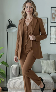 Costume pantalon 3 pièces marron pour femme, avec blazer, gilet et pantalon, ensemble élégant pour le bureau, tenue de travail formelle pour professionnelle - Product Image 5