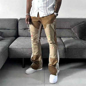 Streetwear Mens Jogger Pants Sweatpants Patchwork Trousers Custom Paint Splatter <b>Raw</b> Edge Hem Flare Pants for Men - Product Image 2