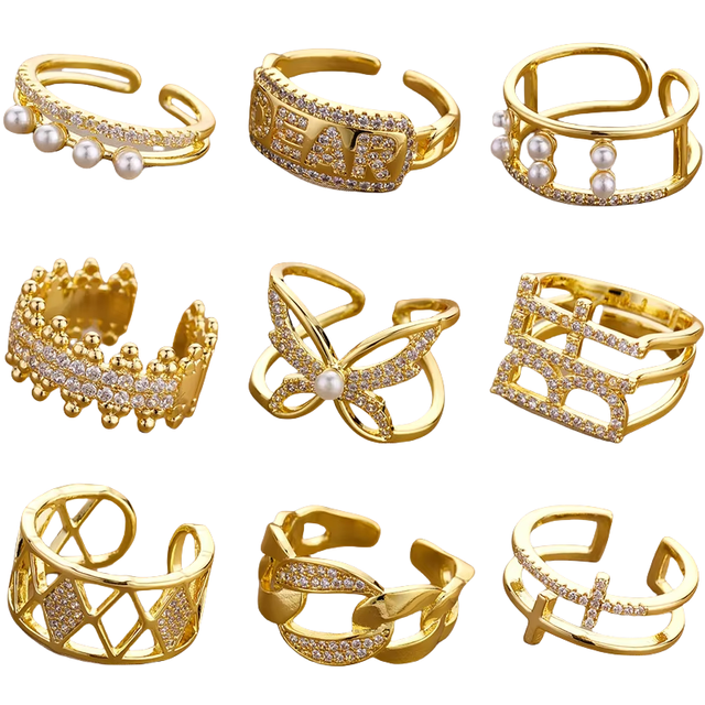 2025 New DS Hot Sale Gold Filled Stackable Adjustable Wrap Hollow Letter Knuckle Finger Rings for Women Girl Adjustable Jewelry