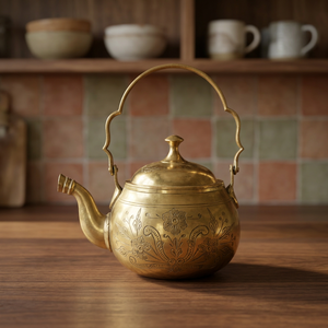Bouilloire à thé vintage en laiton avec couvercle, poignée en métal, motif floral gravé, pot à eau, bouilloires - Product Image 6