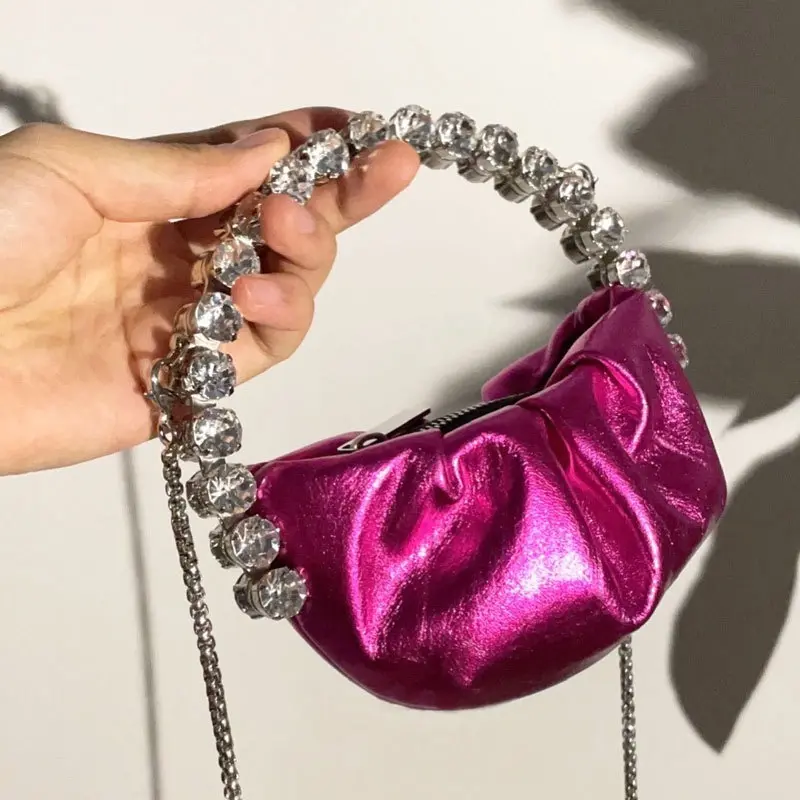 Mini pochette en diamant à poignée circulaire, sac de soirée à la mode, nouvelle pochette de styliste demi-lune ronde pour dîner, porte-monnaie de fête de mariage