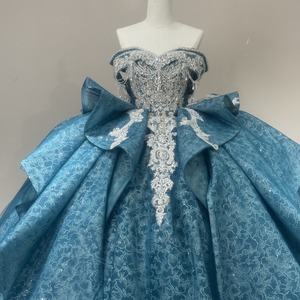 Robe de bal turquoise Wx451, épaules dénudées, décolleté cœur, ornée de perles, franges, broderies florales, en tulle pétales, Jancember - Product Image 4