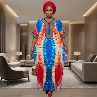 Robe longue décontractée africaine en coton à manches courtes pour femme, motif imprimé, avec foulard, ensemble de vêtements africains pour femme avec diamants, style Boubou
