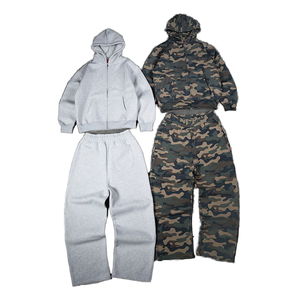Custom Heavyweight Camo Fleece Tracksuit Set Men Oversized <b>Plain</b> Blank Zip Up <b>Hoodie</b> Loose Wide Leg Sweatpants Streetwear Set - Product Image 1