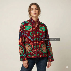 Chaqueta de Mujer de Lujo, Tejida en Terciopelo y Algodón, Estilo Suzani, Bordado Boho Hecho a Mano, Ecológica, Resistente al Viento, Inspiración Vintage Tropical - Product Image 1