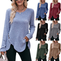 Nouveau pull en maille côtelée unie givrée à col rond et manches longues boutonnées pour femme, collection Printemps-Automne