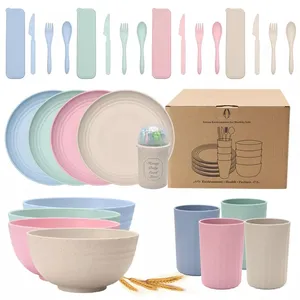 Customized Brand Logo 36 Pcs/set Reusable Bowls Plates Free FBA Label Eco-friendly Wheat Straw Dinnerware Set Plates Dishes