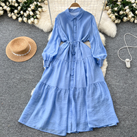 Robes chemises décontractées vintage à manches longues pour femmes, robe midi ample à taille nouée et à volants pour le printemps et l'automne