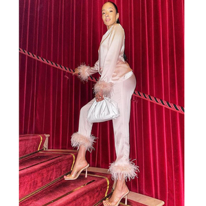Custom Luxury Satin Silk Long Sleeve <strong>Top</strong> and Pants Two Piece Women Pajamas Set With <strong>Feather</strong> - Product Image 4
