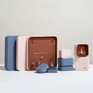 New Custom Logo Luxury PU Leather Velvet Lining Blue <b>Pink</b> Square Jewelry Box <b>Set</b> for Ring Necklace Earring Bracelet Storage - Product Image 3