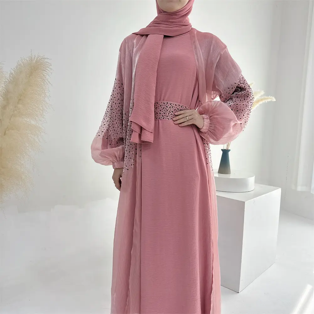Set Abaya 3 potong kasual, gaun Abaya lengan Puff dengan jilbab wanita Muslim Dubai