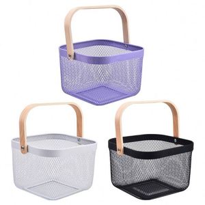 Metal <b>Mesh</b> Steel <b>Basket</b> Storage Organizer Multi-functional Hanging Kitchen <b>Basket</b> Fruit <b>Basket</b> Bin with Bamboo Handle - Product Image 2