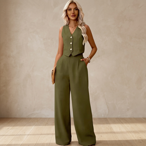 Women's Solid Olive Green Sleeveless V-Neck Blazer <b>Top</b> Button Detail Wide Leg Pants Two Piece Set Casual Spring Summer Outfit - Product Image 3