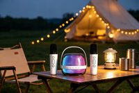 Haut-parleur Karaoké Portable à Succès avec Double Microphone et Anneau Lumineux RGB pour Divertissement à Domicile, Camping, Fêtes et Cadeaux
