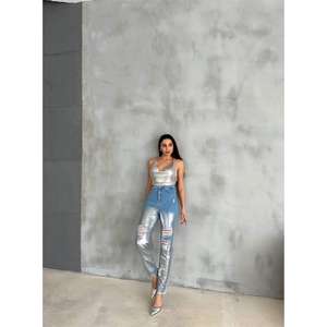 Jean en denim pour femme, taille haute, coupe crayon, effet froissé aux genoux, détails en feuille d'aluminium, taille basse, coupe skinny, taille 2XL, respirant, couleur argent - Product Image 2