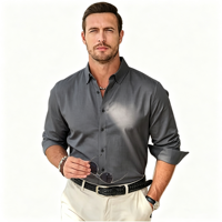 Kemeja Pria Anti-Kerut Anti-Pilling Polos Berwarna Bahan Twill Lengan Panjang 100% Poliester Kasual Kerah Turn-Down Kancing Tunggal