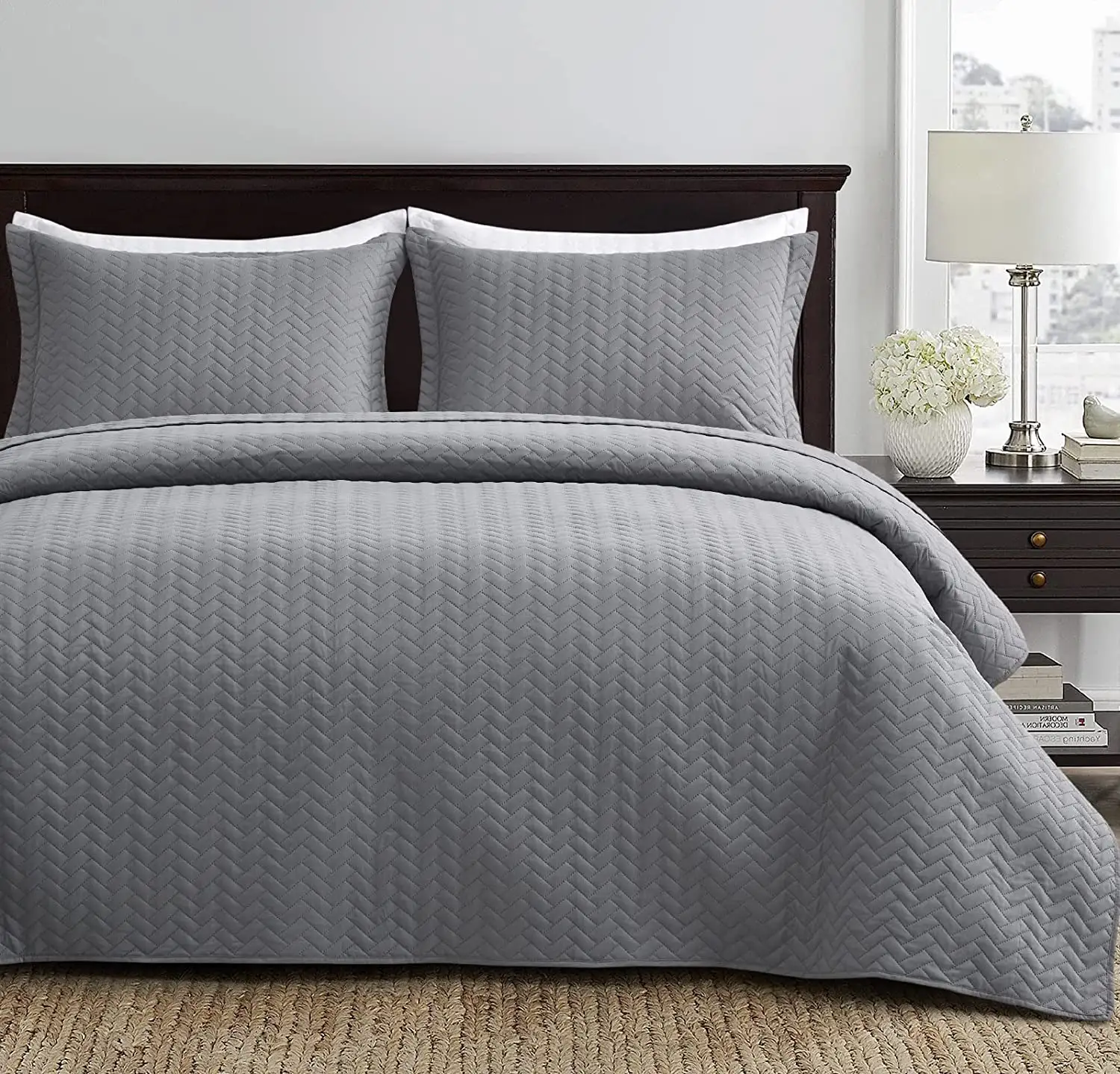 King Size Quilt Set Grey Bedspreads - Soft Bed Summer Quilt Lightweight Microfiber Bedspread- Modern Style Coin Pattern Cove