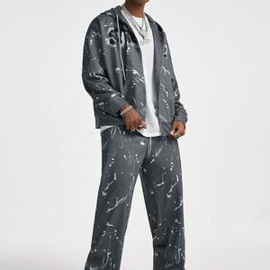 Conjunto de Dos Piezas Estilo Hip Hop Vintage para Hombre, Sudadera con Cremallera y Pantalones Deportivos, Impresión Digital Directa de Letras, Estilo Casual Urbano para Otoño - Product Image 2