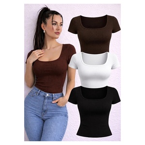 Top Corto de Mujer con Cuello Cuadrado y Manga Corta, Blusa de Punto Acanalado, Camiseta de Algodón Suave - Product Image 6
