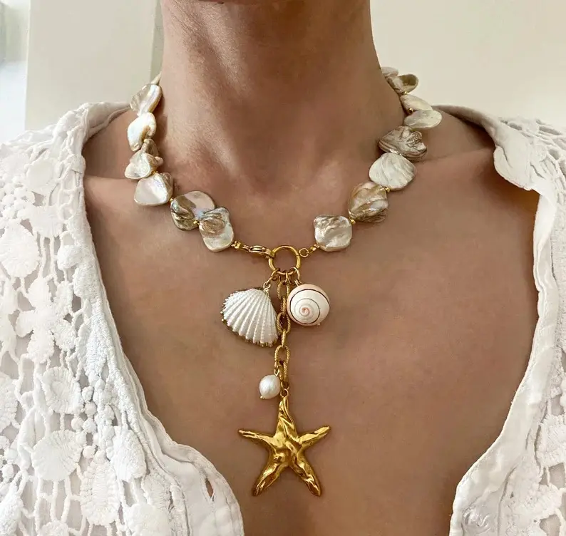 Joolim Bijouterie Plaqué or 18 carats Pvd Gros Bracelet Collier en acier inoxydable avec perle en forme d'étoile de mer pour les vacances à la plage en été