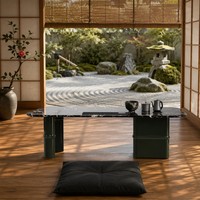Table de cérémonie du thé en marbre naturel avec pieds en bambou et base laquée, OEM ODM pour salon de thé, hôtel, spa, salon de luxe
