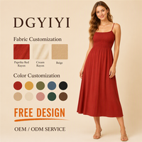 Robe décontractée pour femme à bretelles spaghetti, corsage smocké, longueur midi, en rayonne 200 GSM, coupe trapèze, respirante pour l'été, personnalisable avec logo OEM