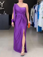 Robe de Soirée Plissée Asymétrique Grande Taille à Une Épaule, Longueur Sol avec Fente Haute, Coupe Slim et Manche Drappée en Satin