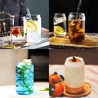 베스트 셀러 12oz 400ml 16oz 미니 작은 빈 맥주 소다 캔 대나무 뚜껑과 유리 빨대 모양의 유리 컵
