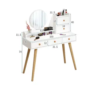 현대 간단한 침실 허영 테이블 백색 드레서 침실 가구 나무로 되는 다리 점화된 거울을 가진 화장대