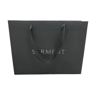Luxury Black Gift Paper Bag Custom Printed Ribbon Handle Cardboard Packaging For Clothes Shopping Wedding Gift Jewelry