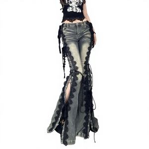 <span class=keywords><strong>Jean</strong></span> en denim évasé taille mi-haute style rétro américain grande taille avec bande de dentelle et fente, coupe amincissante et élégante pour femme, longueur cheville - Product Image 1