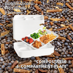 Plateau rectangulaire personnalisé 100 % compostable en bagasse à 5 compartiments pour repas scolaires et traiteur, usage intensif, jetable, 500 pièces - Product Image 2