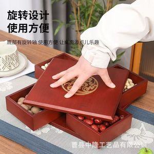 Caja giratoria de madera para frutos secos, rectangular roja, estilo chino nuevo, almacenamiento multifuncional para sala de estar, caja para dulces y alimentos. - Product Image 1