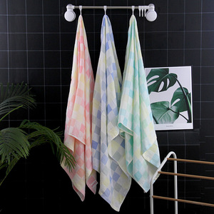 Serviette de Bain en Gaze de Coton Pur à Carreaux 70x140 cm Séchage Rapide Plage Maison Rectangle Jaune Vert Bleu Rose - Product Image 1