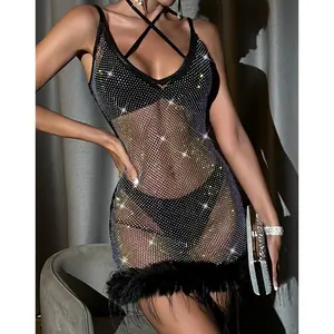 New Arrival Fishnet Rhinestone Sexy See-through Dress Women's Stitching Furry Hot Girl Sheath Suspender Dress