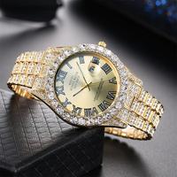 Jam Tangan Pria Quartz Bulat Hip Hop Iced Out dengan Tali Baja Paduan Skala Romawi Bertabur Rhinestone Penuh, Grosir Pabrik
