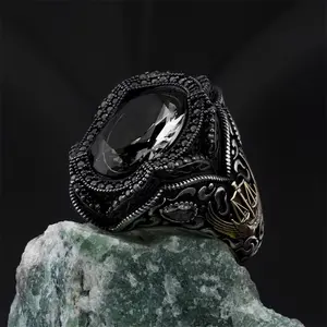 仿古镀银土耳其饰品优质黑水晶复古设计阿拉伯男士结婚订婚戒指饰品
