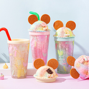 Vaso Acrílico Transparente de Doble Pared con Orejas de Ratón de 450 ml y 16 oz, con Pajita y Tapa de Cúpula, Lindo Vaso de Plástico de Doble Pared Rosa y Verde - Product Image 4