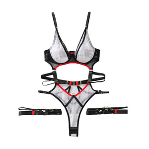 Ensemble de lingerie en maille colorblock rouge et noir, teddy transparent sans doublure à armatures avec <span class=keywords><strong>porte</strong></span>-<span class=keywords><strong>jarretelles</strong></span> à lanières, harnais de cuisse, body sexy à découpes - Product Image 6