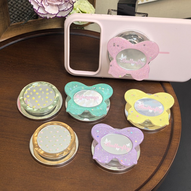 Bow Knot Mirror Magnetic  Phone Holder,Retractable Expandable Grip Stand With Makeup Mirror