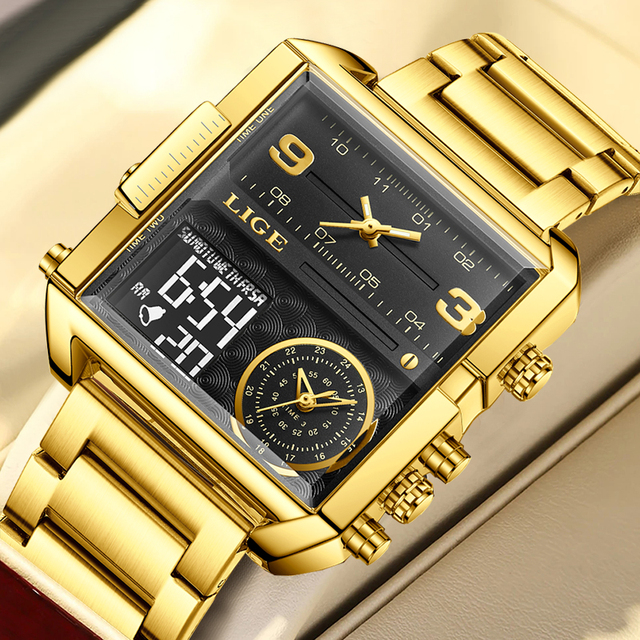 LIGE LG8925 OEM Golden Square Original Men Sports Wrist Watch Gold Quartz Steel Waterproof Dual Display Clock Watches for Men