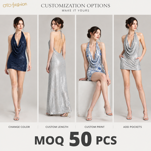 Abito Mini da Donna con Paillettes Argento, Scollo Halter, Collo a Cappuccio, Schiena Scoperta, Aderente, per Feste Serale - Fornitore OEM all'Ingrosso - Product Image 1