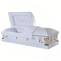 Cercueil métallique blanc de luxe de style américain, couvercle semi-couchette, broderie mains en prière, intérieur blanc, pour enterrement d'adulte (vente en gros)