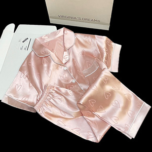 韩版家居休闲舒适睡衣Ins女生夏季可穿戴冰丝爱心印花短袖两件套 - Product Image 5