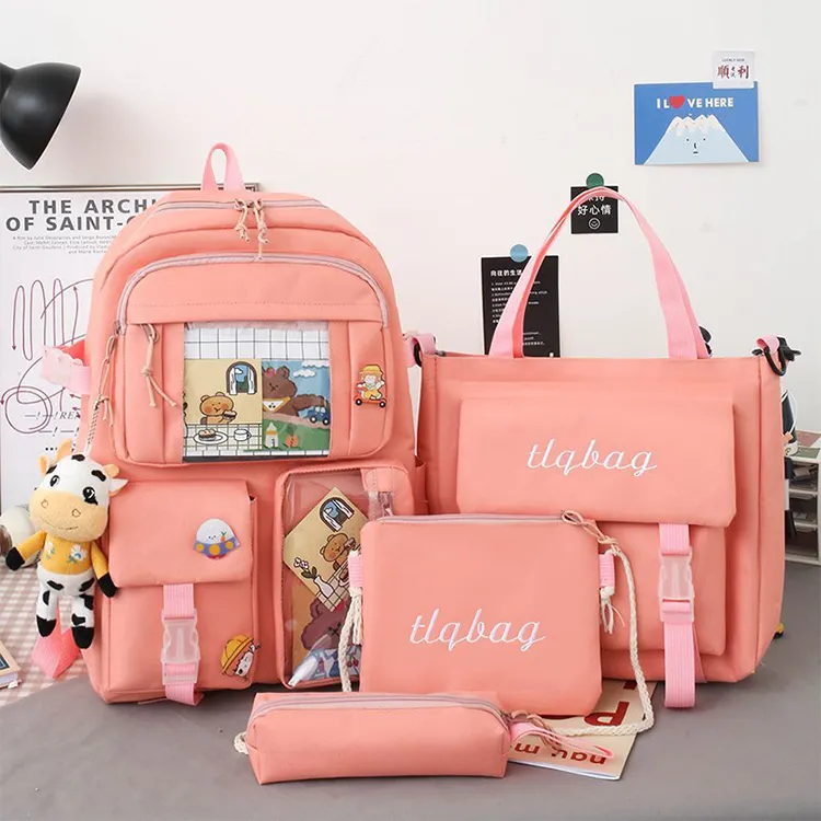 4 Pcs Set Children'S School Bag Kawaii School Backpack For Teenager Girls Anti-Theft Travel Backpack With Bear Pendant