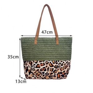 Sac de plage en paille pour voyage en plein air, grande capacité, sac fourre-tout léopard pour femme, sac en paille tressé décontracté - Product Image 5