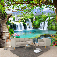 Papel Tapiz Mural 3D Personalizado de Cualquier Tamaño con Paisaje Natural de Cascada en Bosque Verde para Sala de Estar, Dormitorio, Papel de Pared Fotográfico
