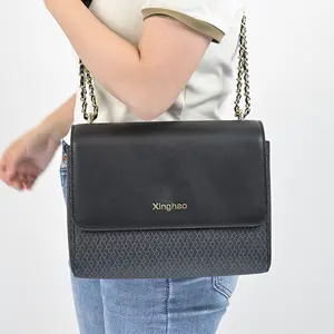 Popular Custom Ladies Black Vegan Leather Big Capacity Women's Messenger Crossbody Satchels Shoulder Bags With Chain